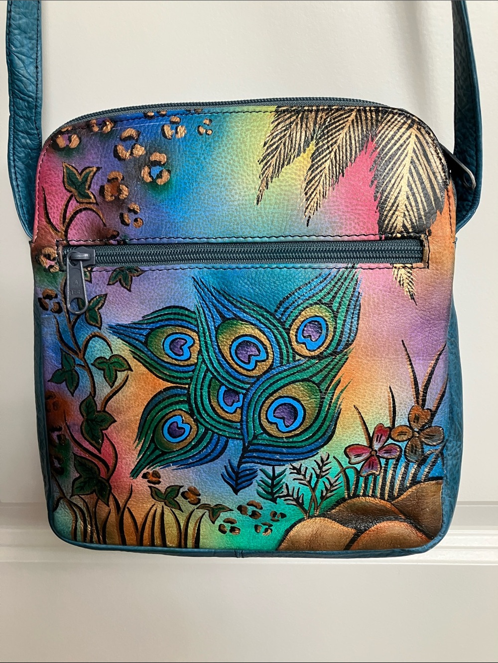 New Biacci Hand-Painted, Peacock feathers Crossbody Bag